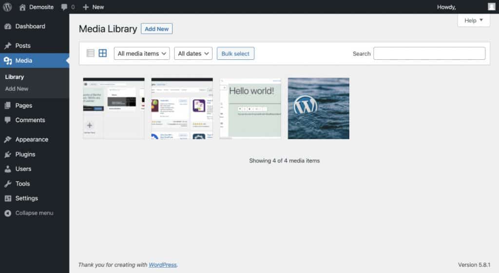 Die Medienbibliothek von WordPress. Sie speichert alle Bilder und Videos deiner gesamten Website.