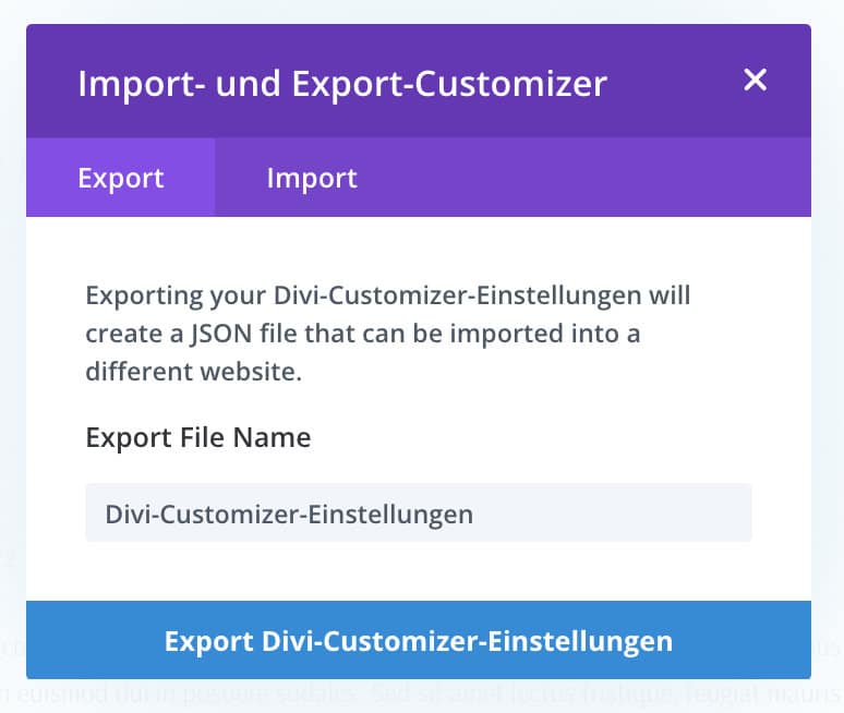 Import und Export von Divi Theme Customizer Einstellungen
