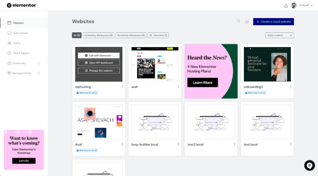 Elementor Websites Dashboard