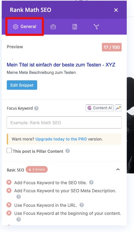 Divi SEO Rank Math Einstellungen