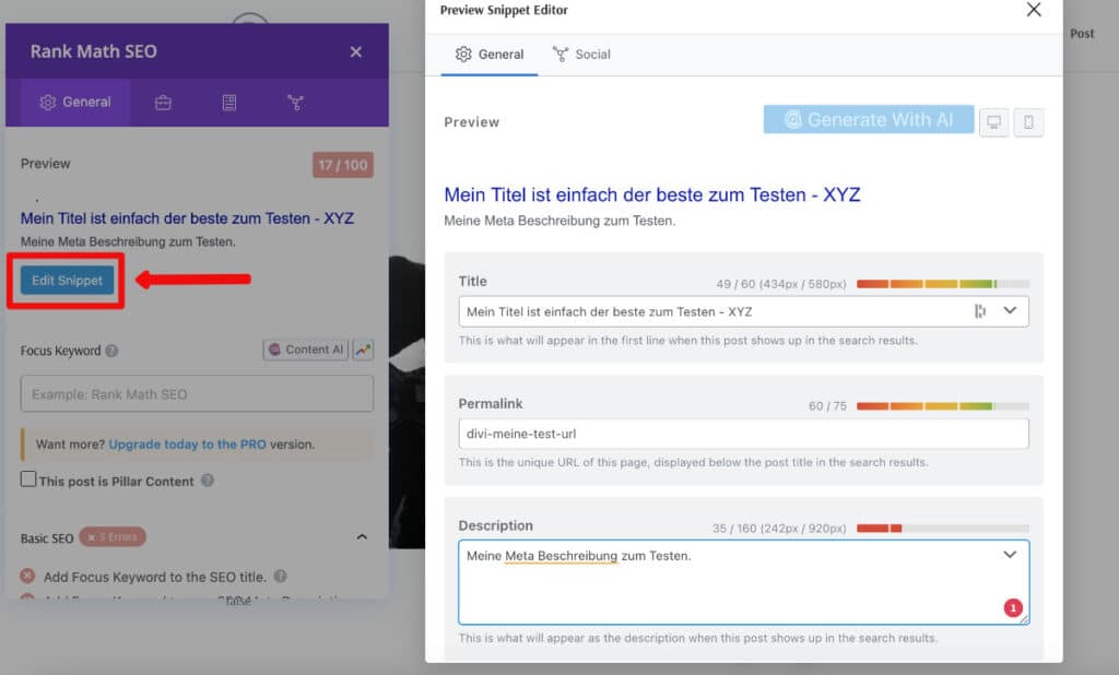 Divi SEO Snippet Anpassung mit Rank Math